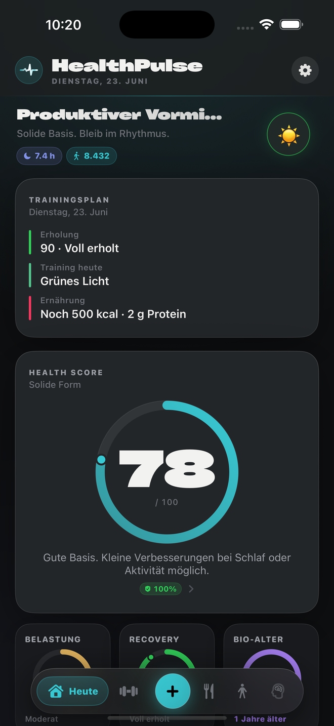 HealthPulse Heute-Ansicht mit Tageszustand, Trainingsplan und Health Score