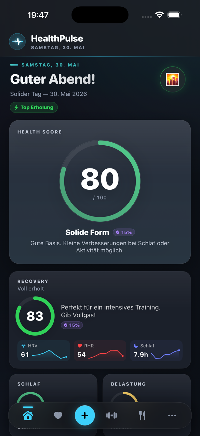 HealthPulse App mit täglichem Health Score und Recovery-Übersicht